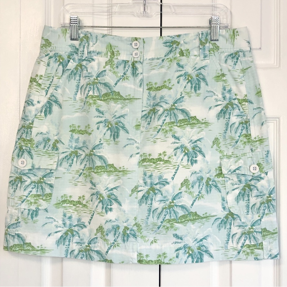 LL Bean Blue Tropical Palm Tree Beach Print Mini Cargo Skirt 14P